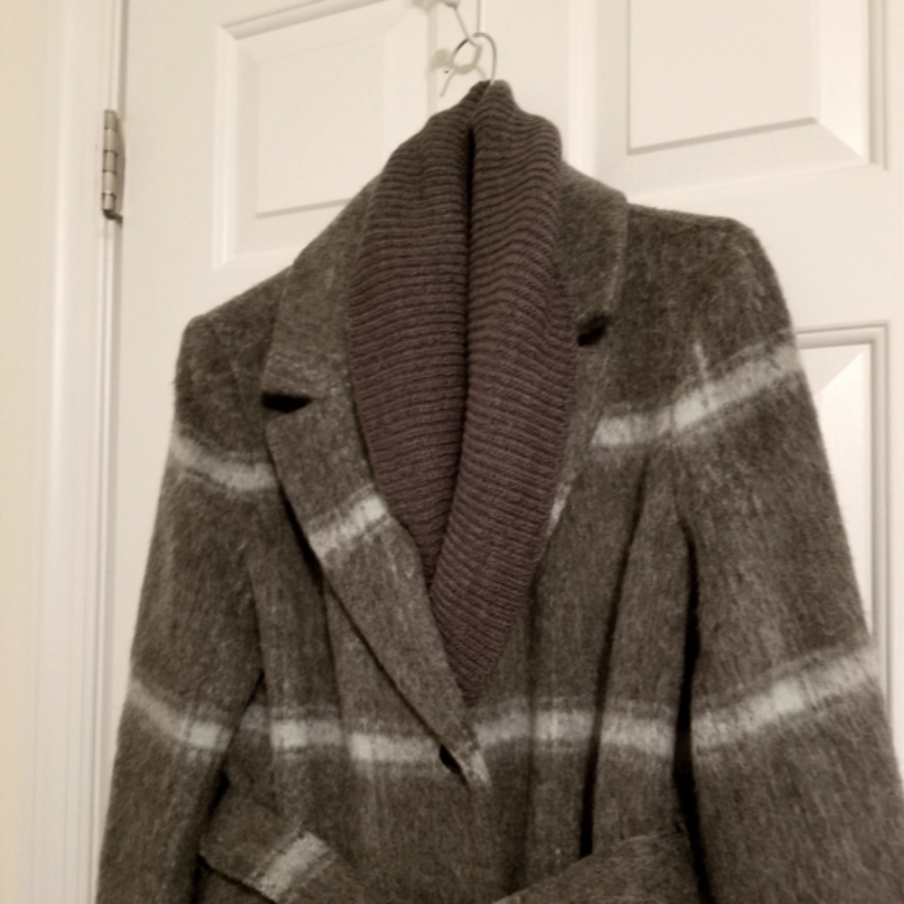 DKNY Women's Knit-Collar Belted Wrap Coat Charcoal Grey Wool - Picture 2 of 9